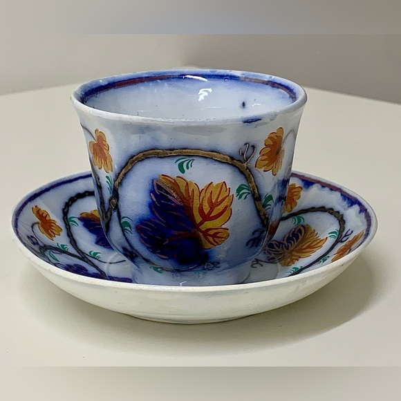 19th Century Vtg Gaudy Welsh Blackberry Pattern Handleless Teacup & Saucer Set - Picture 15 of 15